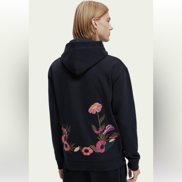 Scotch & Soda Black Hoodie with Multicolor Floral Embroidery